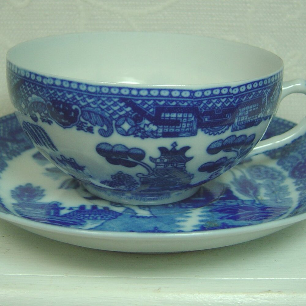 Blue & white cup & saucer set--Oriental design--Blue Willow style